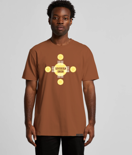 Model wearing tee with screenprint design.